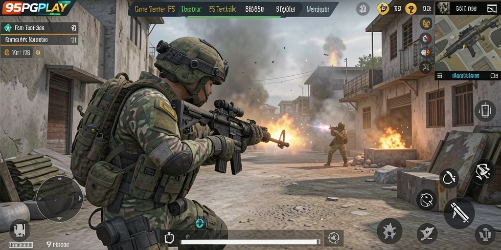 Tangkapan layar menampilkan aksi intens dalam gameplay FPS 95PGPLAY.