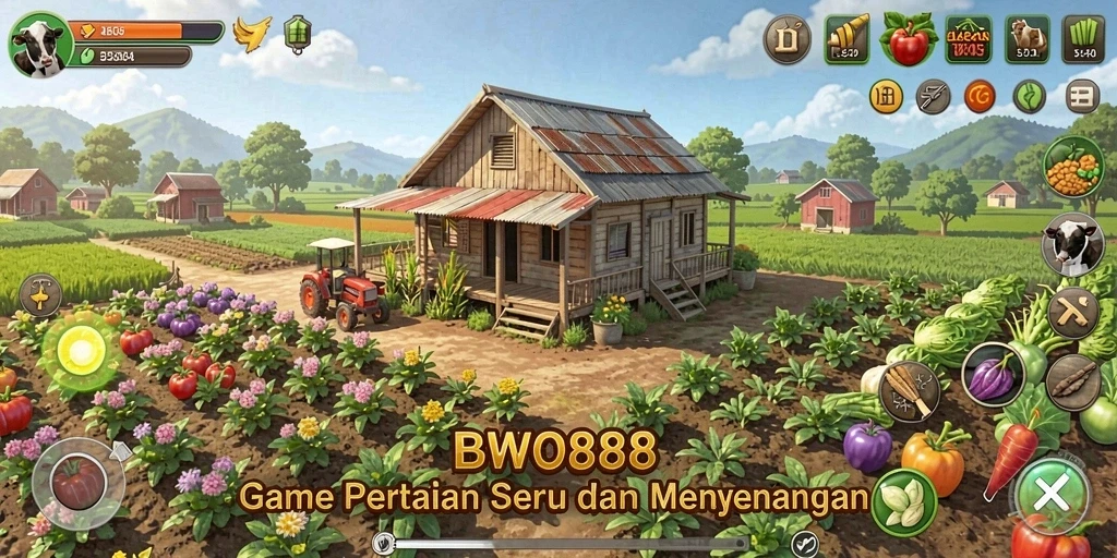 Screenshot gameplay BWO888 yang menampilkan suasana pertanian yang cerah.