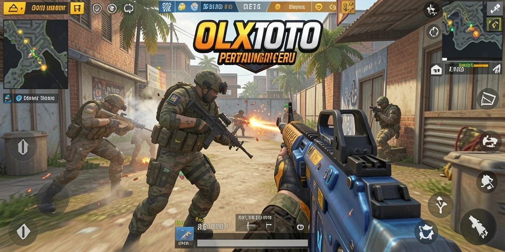 Tampilan tangkapan layar OLXTOTO menunjukkan pertempuran intens di arena FPS.