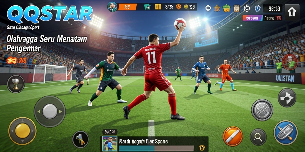 Screenshot utama QQSTAR menampilkan aksi seru di lapangan olahraga.